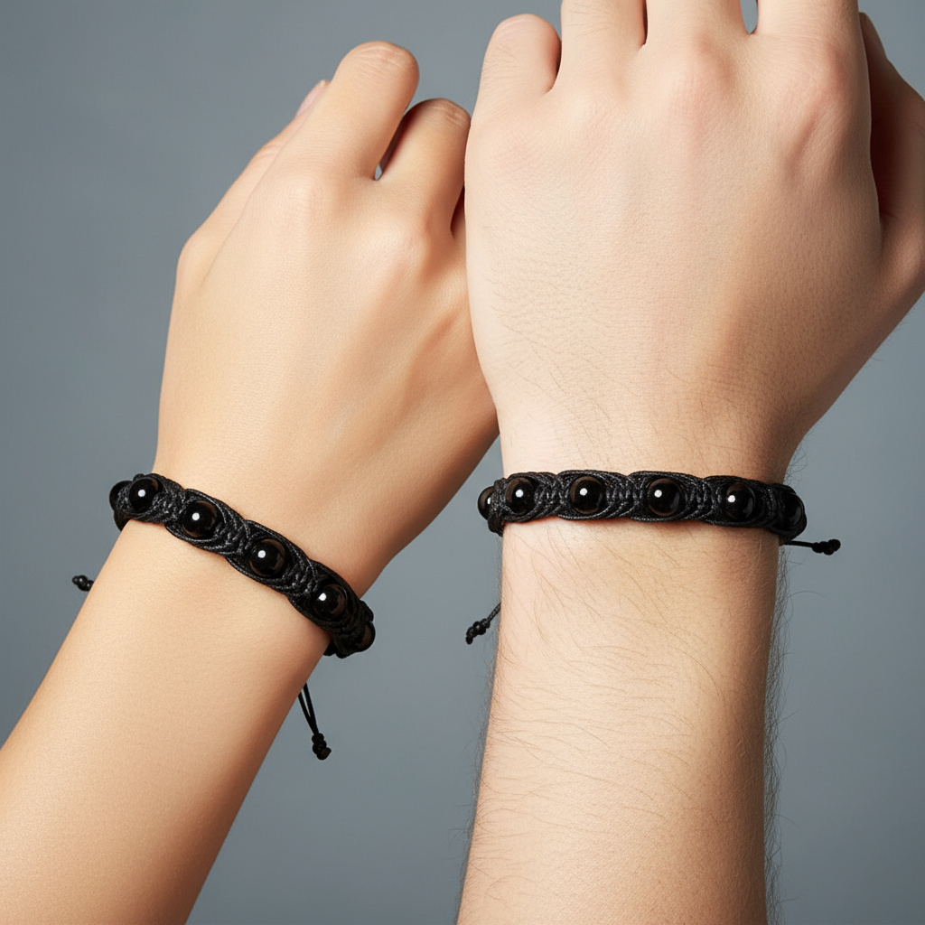 Браслет агат черный Бразилия (текстиль) шамбала 10&nbsp;мм 16&nbsp;см (регулируемый)