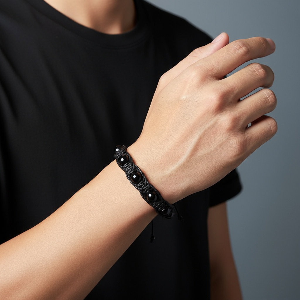 Браслет агат черный Бразилия (текстиль) шамбала 10&nbsp;мм 17&nbsp;см (регулируемый)