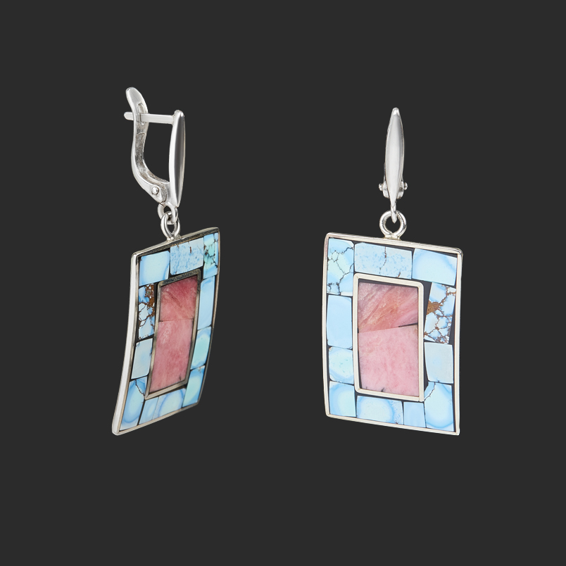 Серьги микс бирюза, родонит (нейзильбер)