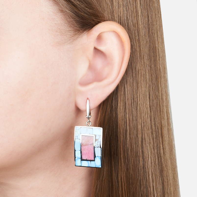 Серьги микс бирюза, родонит (нейзильбер)