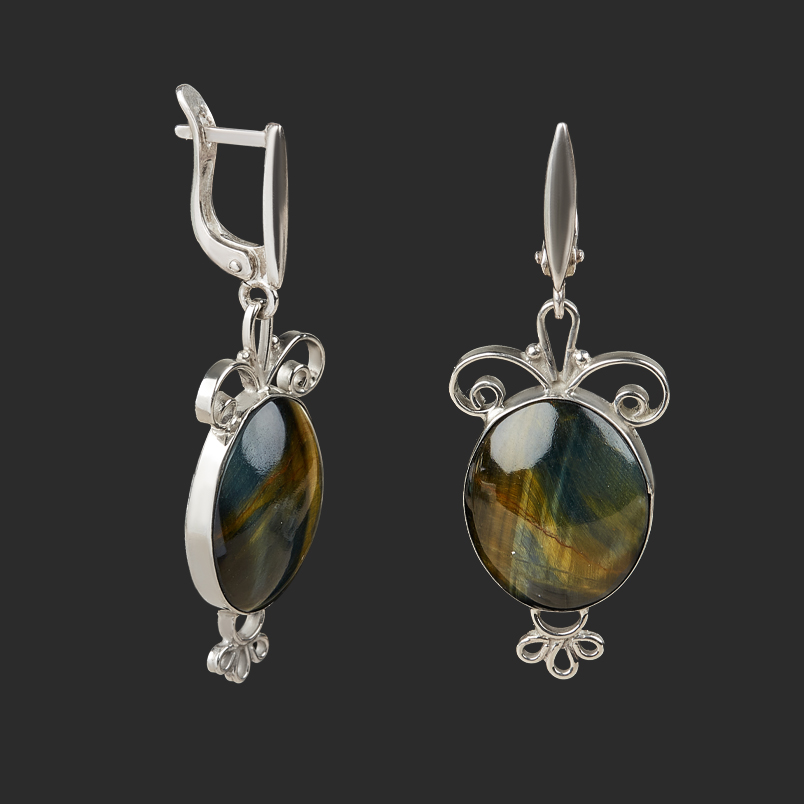 Серьги тигрово-соколиный глаз Россия (нейзильбер)