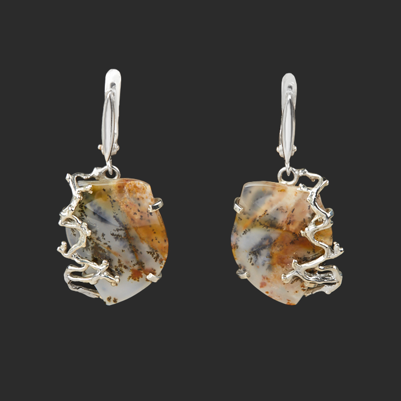 Серьги агат пейзажный Россия (нейзильбер)