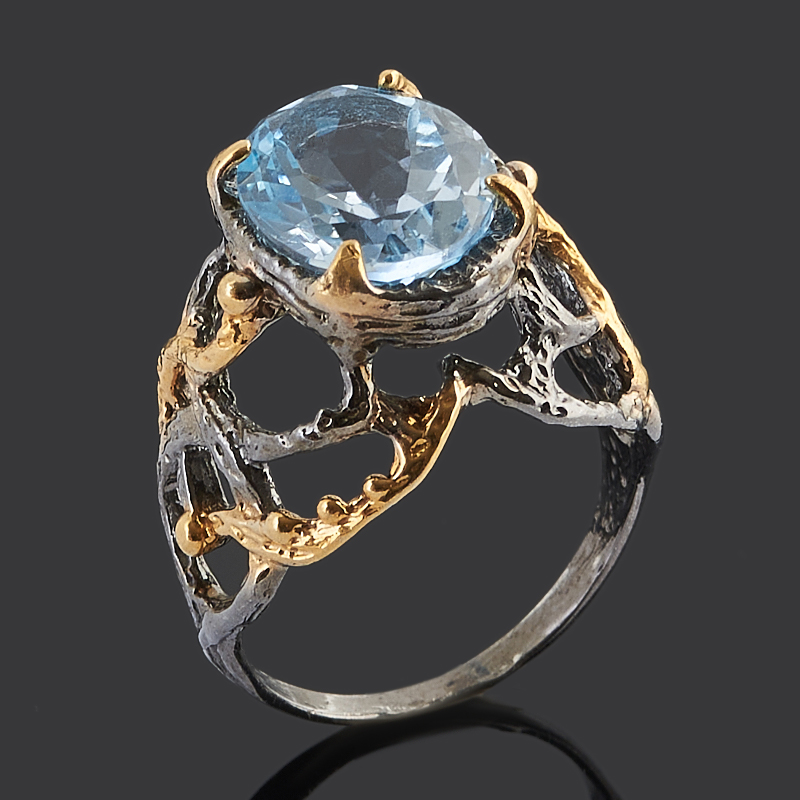 Кольцо топаз голубой Бразилия (серебро 925 пр. позолота, родир. черн.) огранка размер 17,5