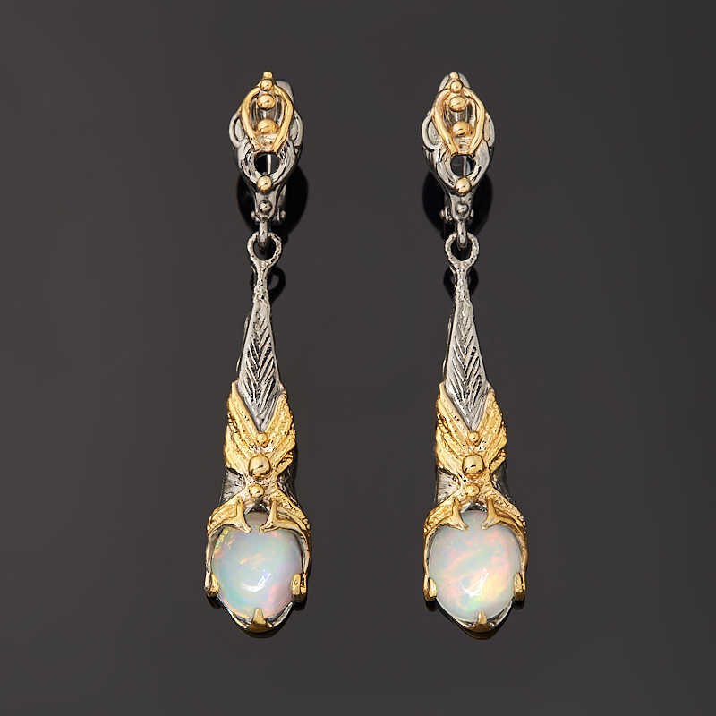 Серьги опал благородный белый Эфиопия (серебро 925 пр. позолота, родир. черн.)