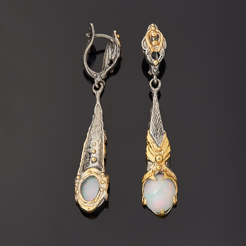 Серьги опал благородный белый Эфиопия (серебро 925 пр. позолота, родир. черн.)