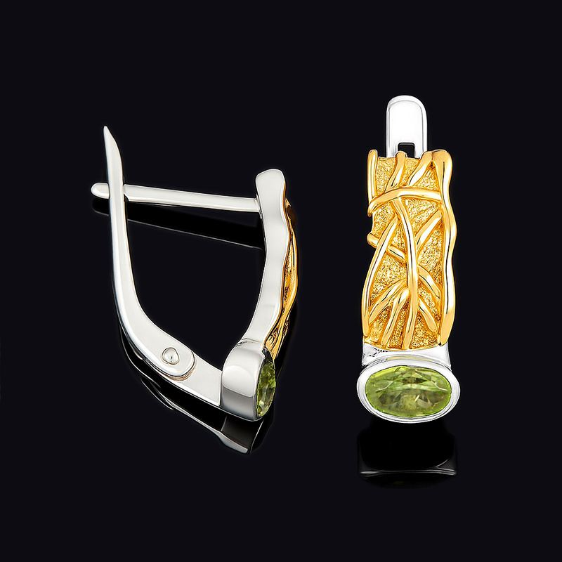 Серьги хризолит США (серебро 925 пр. позолота, родир. бел.) огранка