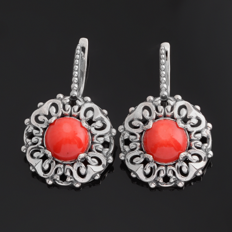 Серьги коралл красный Индонезия (серебро 925 пр. оксидир.)
