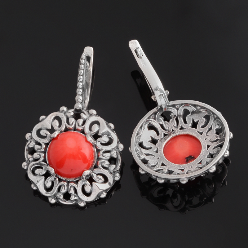 Серьги коралл красный Индонезия (серебро 925 пр. оксидир.)