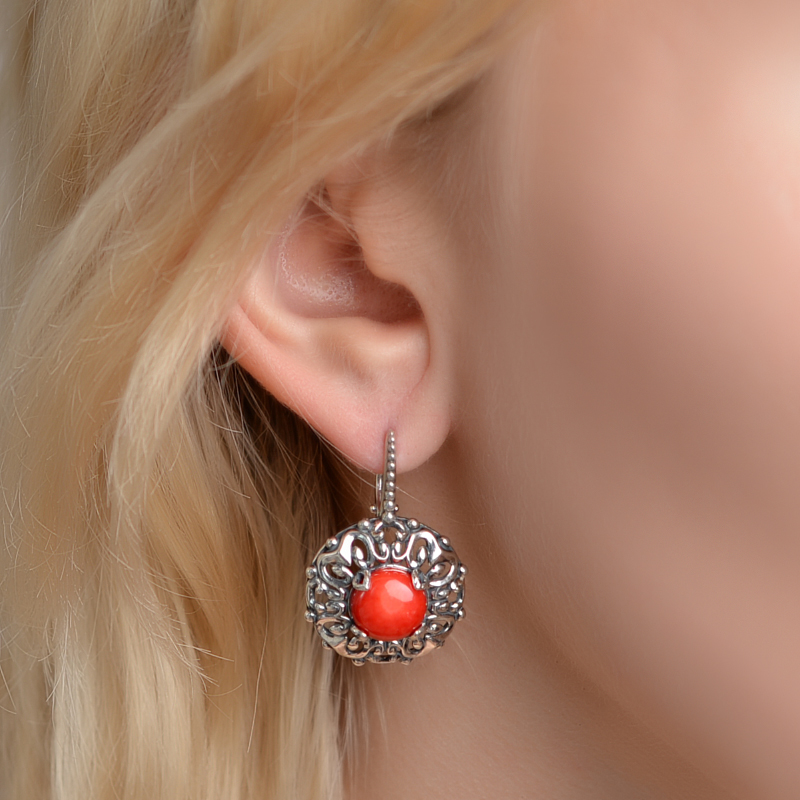 Серьги коралл красный Индонезия (серебро 925 пр. оксидир.)
