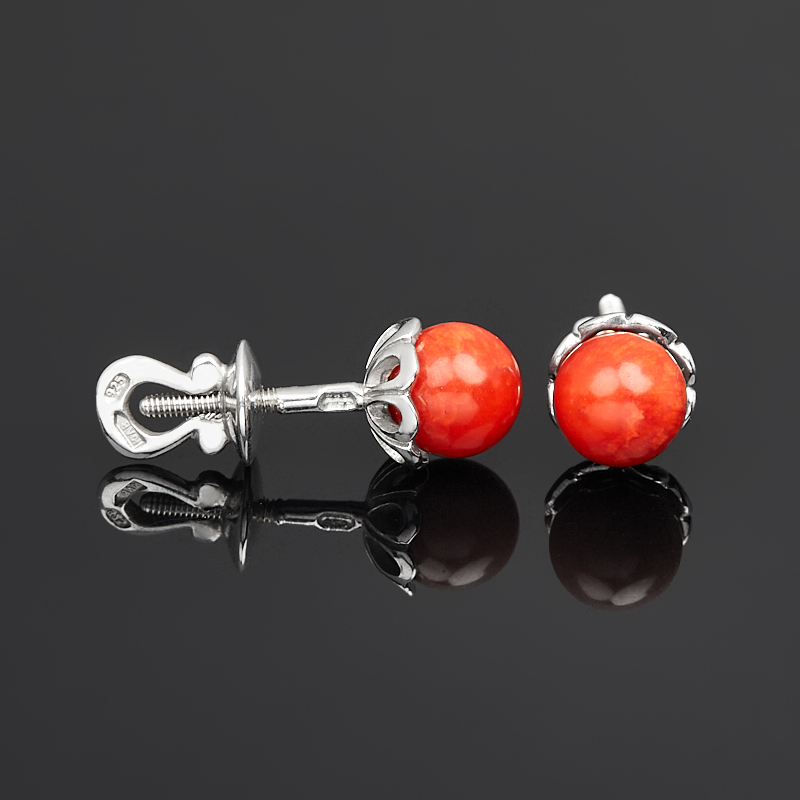 Серьги коралл красный Индонезия (серебро 925 пр. родир. бел.) пуссеты