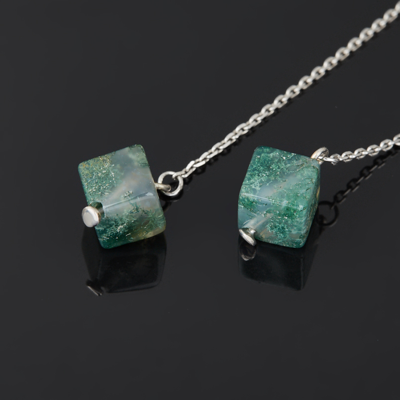 Серьги агат моховой Бразилия (серебро 925 пр. родир. бел.) протяжки