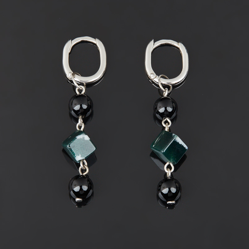 Серьги агат моховой, черный Бразилия (серебро 925 пр. родир. бел.)