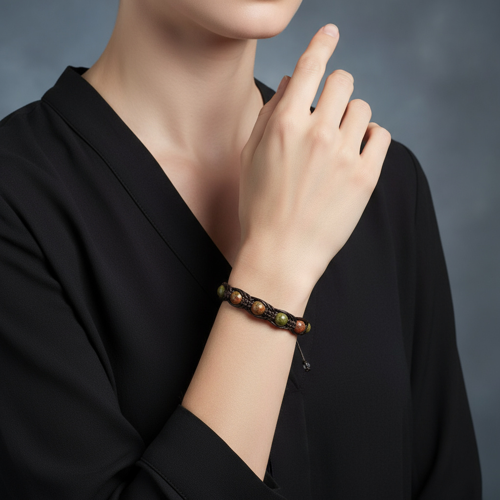 Браслет унакит ЮАР (текстиль) шамбала 8 мм 17 см