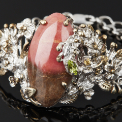 Браслет родонит Россия (серебро 925 пр. позолота, родир. бел.) 17 см