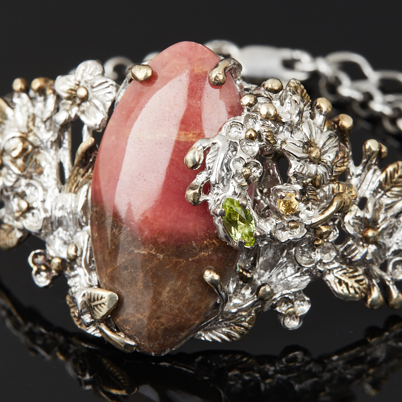 Браслет родонит Россия (серебро 925 пр. позолота, родир. бел.) 17&nbsp;см