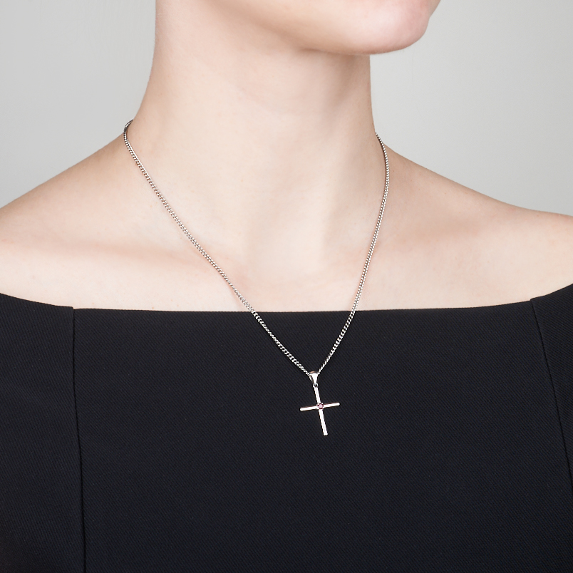 Кулон рубин Мьянма (серебро 925 пр. родир. бел.) крест огранка