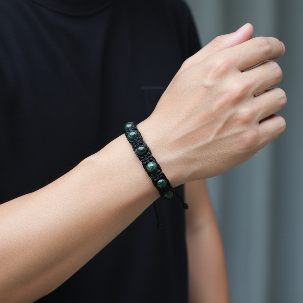 Браслет клинохлор (серафинит) Россия (текстиль) шамбала 8 мм 16 см (регулируемый)