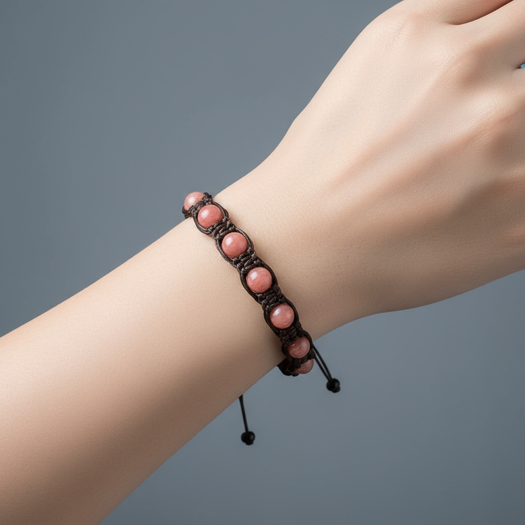 Браслет родохрозит Аргентина (текстиль) шамбала 7 мм 16 см (регулируемый)