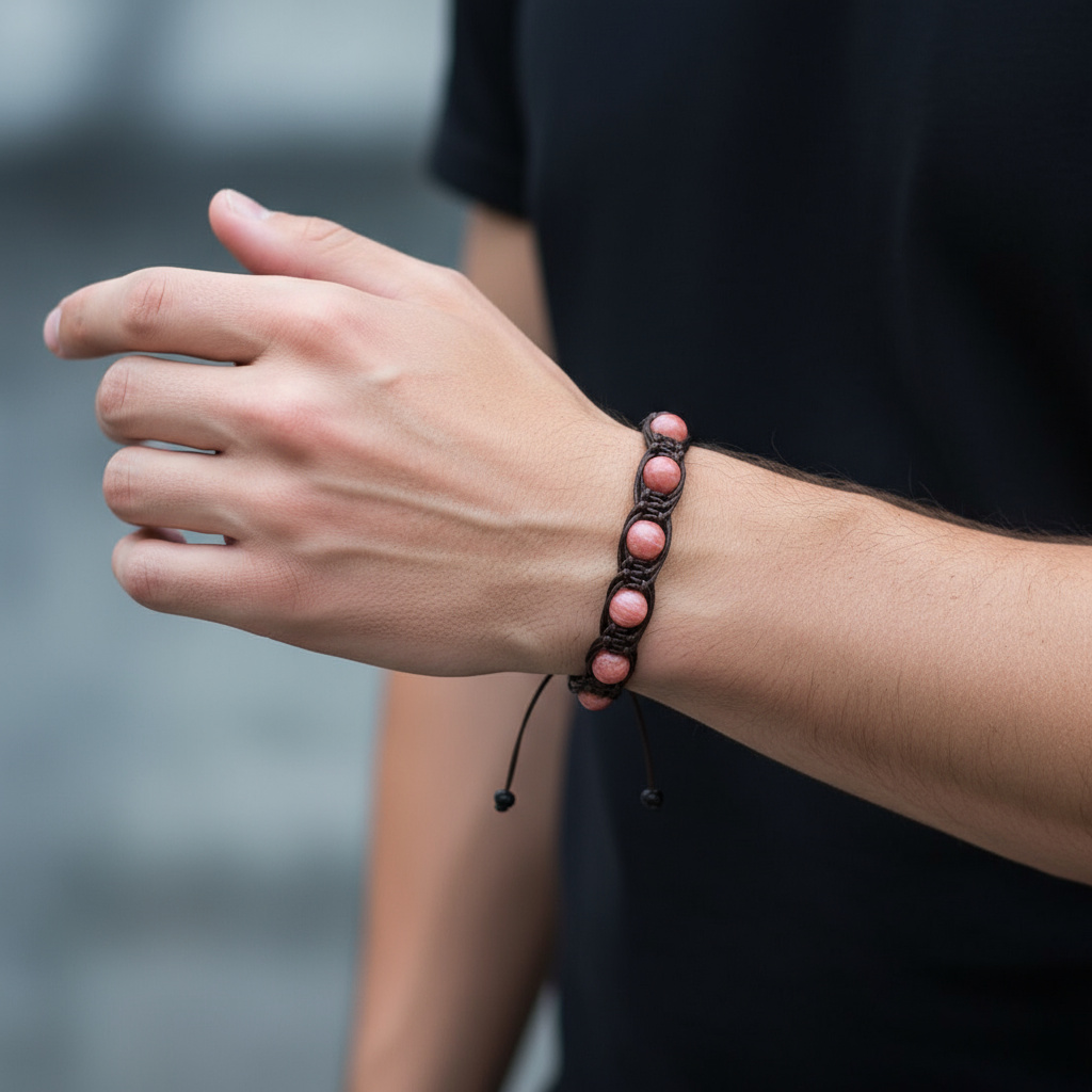 Браслет родохрозит Аргентина (текстиль) шамбала 7 мм 17 см (регулируемый)