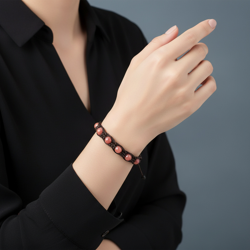 Браслет родохрозит Аргентина (текстиль) шамбала 7 мм 17 см (регулируемый)