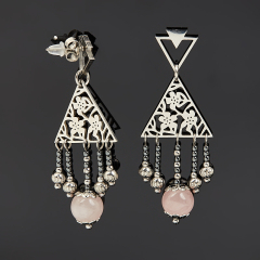 Серьги микс гематит, розовый кварц (сталь хир.) пуссеты