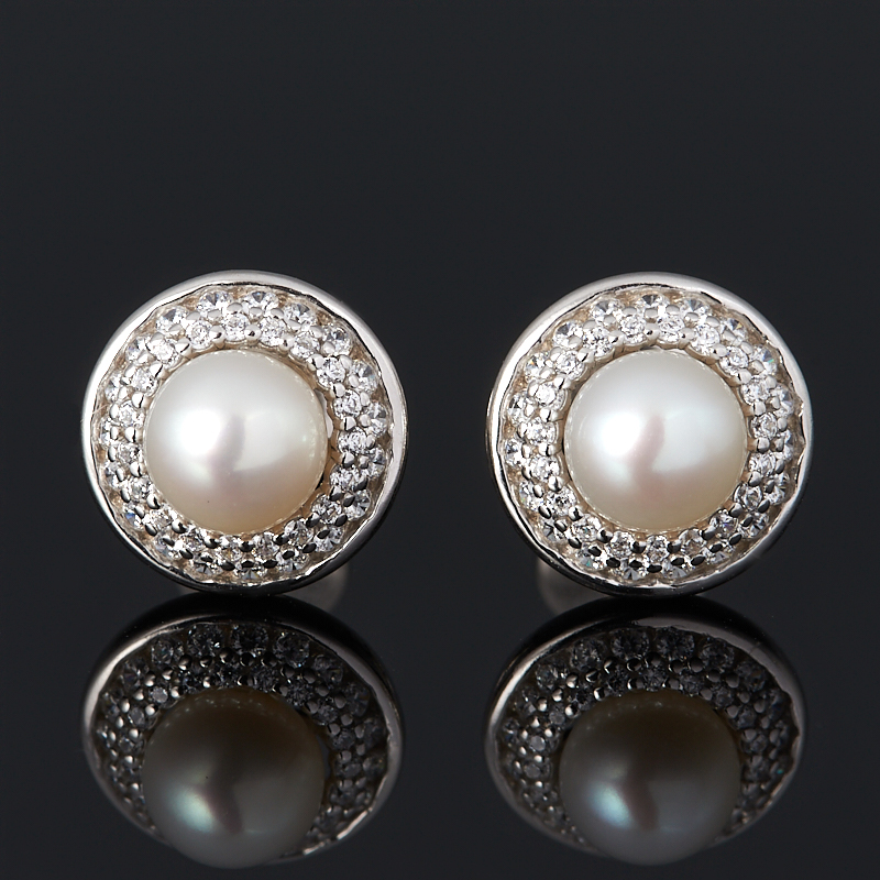 Серьги жемчуг белый Гонконг (серебро 925 пр. родир. бел.) пуссеты