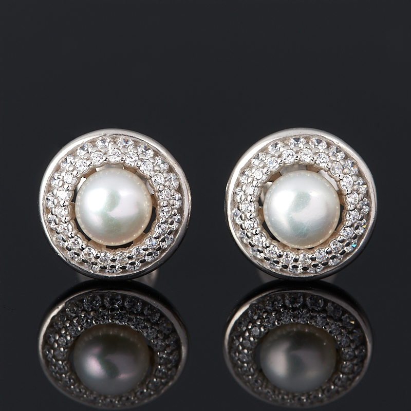 Серьги жемчуг белый Гонконг (серебро 925 пр. родир. бел.) пуссеты