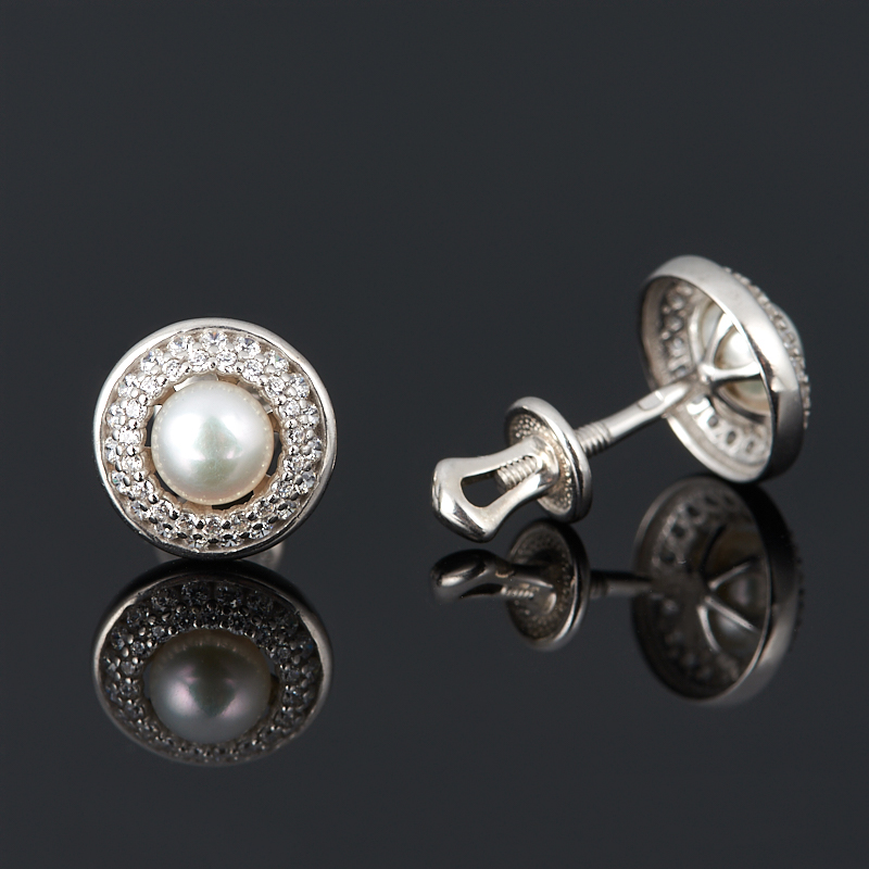 Серьги жемчуг белый Гонконг (серебро 925 пр. родир. бел.) пуссеты