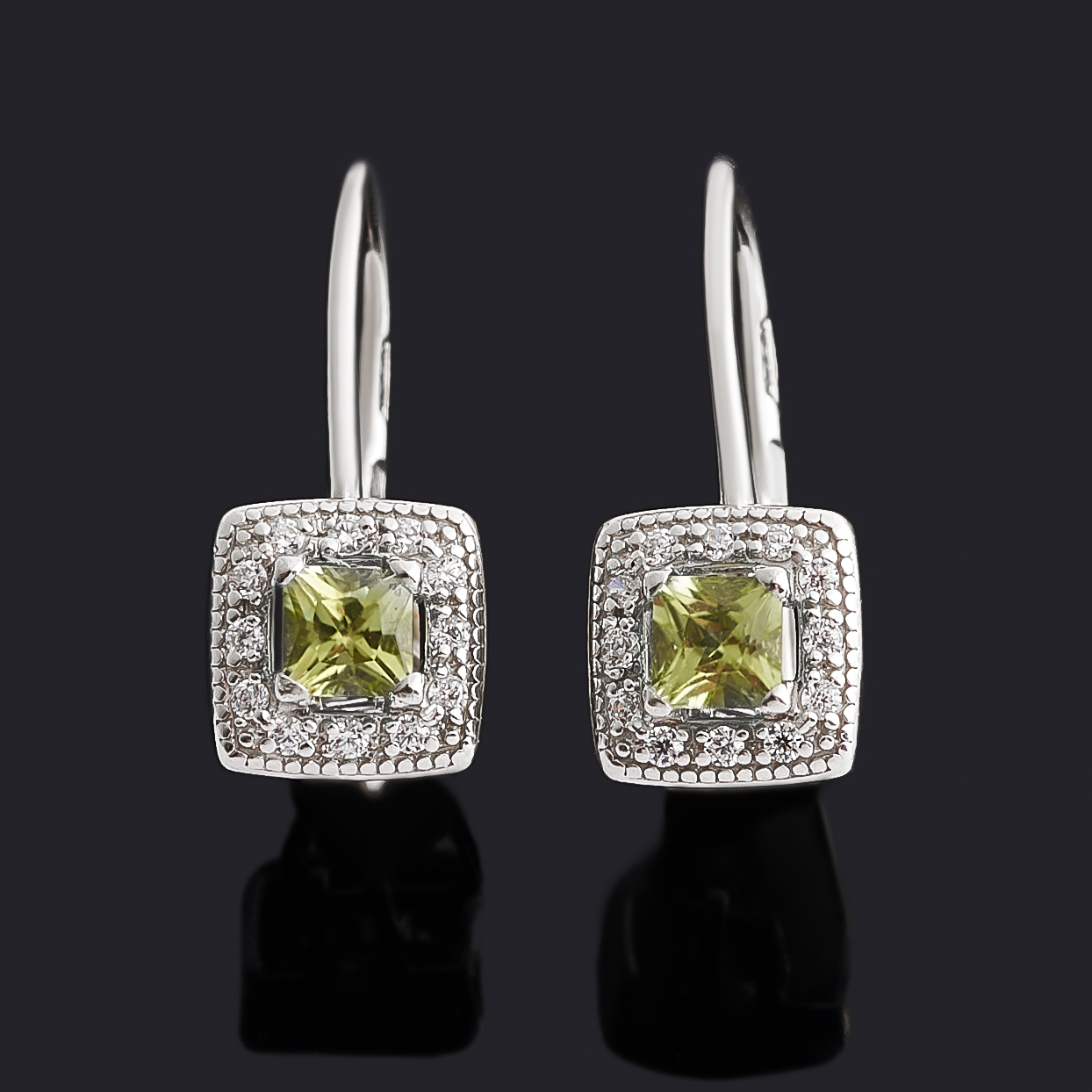 Серьги хризолит США (серебро 925 пр. родир. бел.) огранка