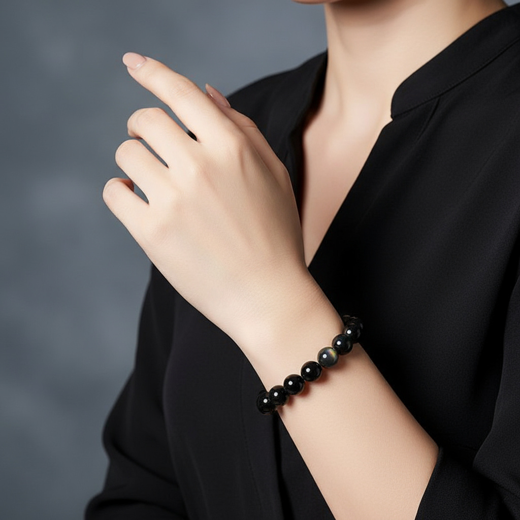 Браслет обсидиан радужный Мексика 12 мм 20 см