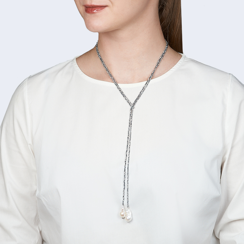 Лариат микс гематит, жемчуг (сталь хир.) 2 мм 135 см