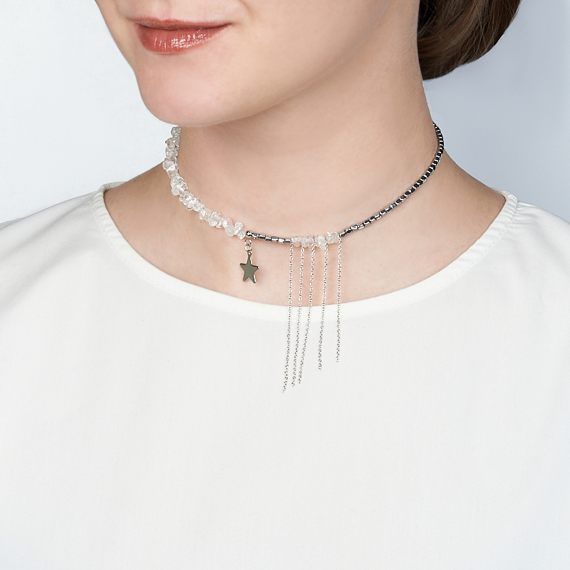 Чокер микс гематит, горный хрусталь (сталь хир.) 38 см (+7 см)