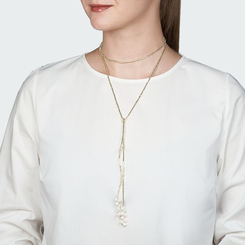Лариат микс гематит, жемчуг (сталь хир.) 130 см