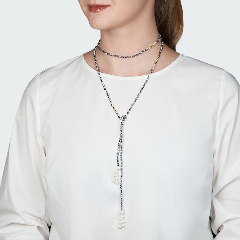 Лариат микс гематит, жемчуг (сталь хир.) 130 см