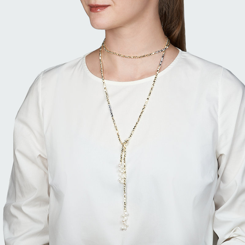 Лариат микс гематит, жемчуг (сталь хир.) 130 см