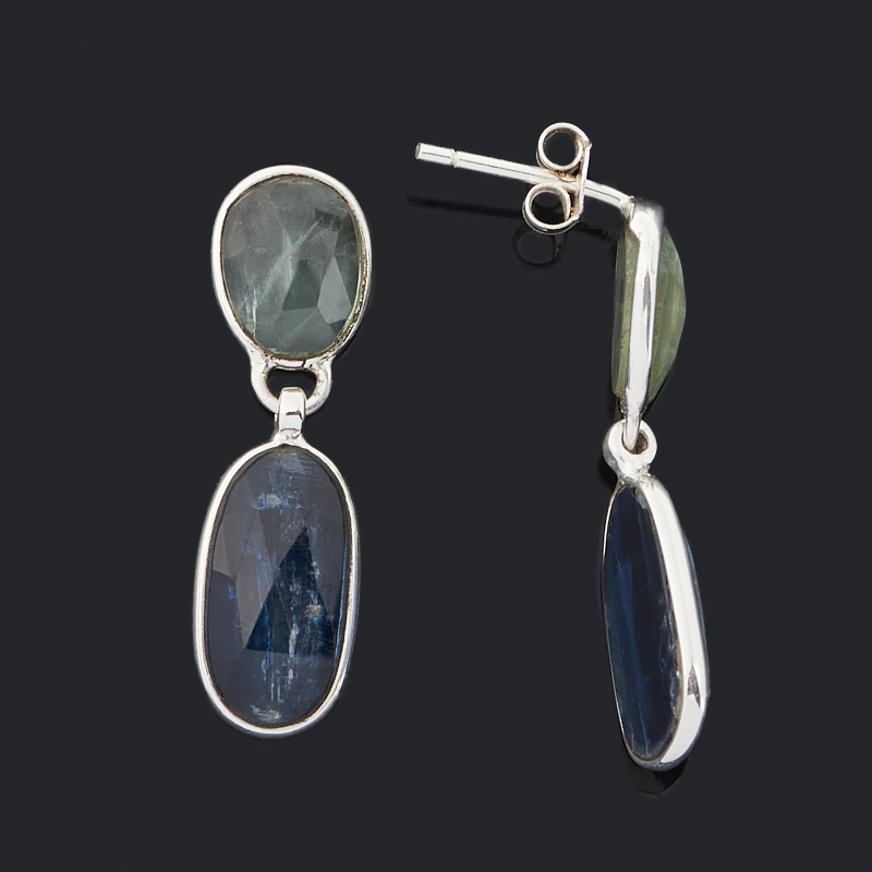 Серьги микс кианит, празиолит (серебро 925 пр. родир. бел.) пуссеты огранка