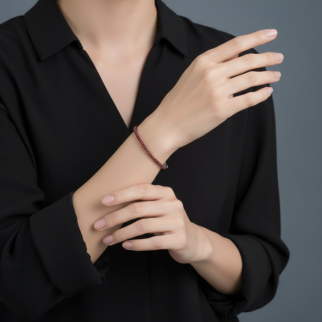 Браслет гранат альмандин Индия (сталь хир.) 2 мм 16 см (+3 см)