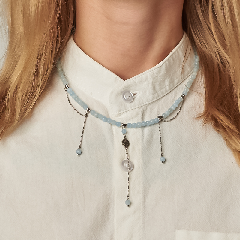 Чокер аквамарин Бразилия (сталь хир.) (колье) 4&nbsp;мм 37&nbsp;см (+7&nbsp;см)