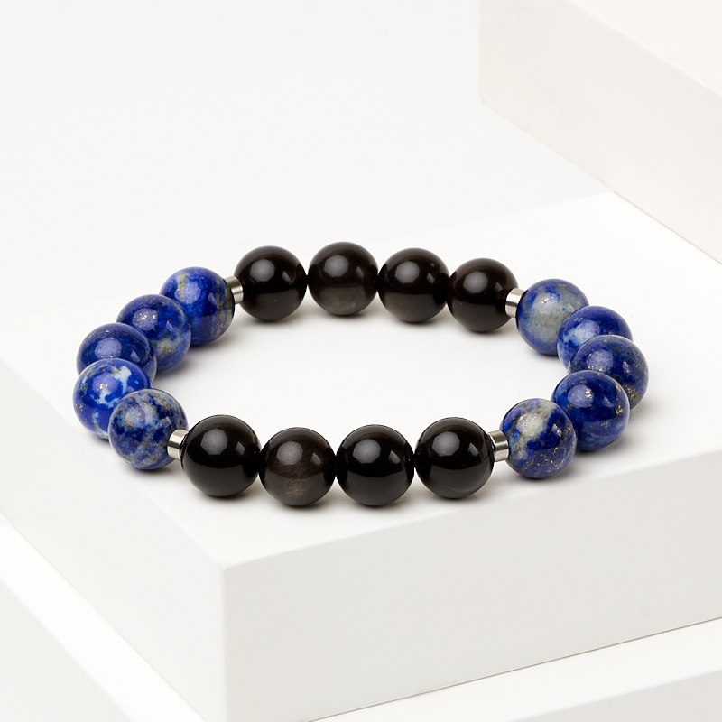 Браслет микс лазурит, обсидиан (сталь хир.) 10 мм 16 см