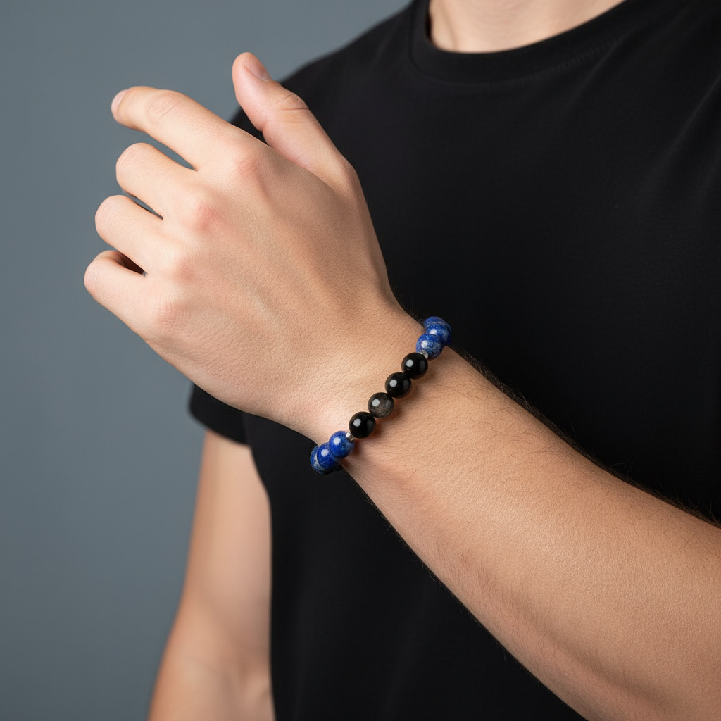 Браслет микс лазурит, обсидиан (сталь хир.) 10 мм 16 см