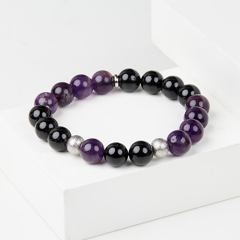 Браслет микс аметист, турмалин (сталь хир.) 10 мм 17 см