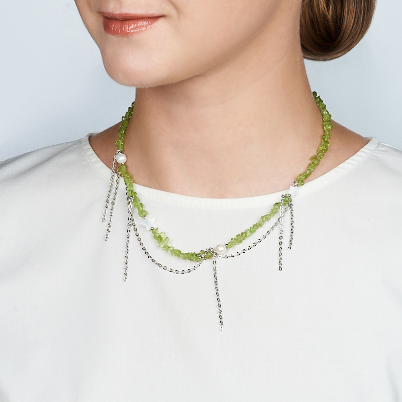 Бусы микс жемчуг, перламутр, хризолит (сталь хир.) 46 см (+7 см)