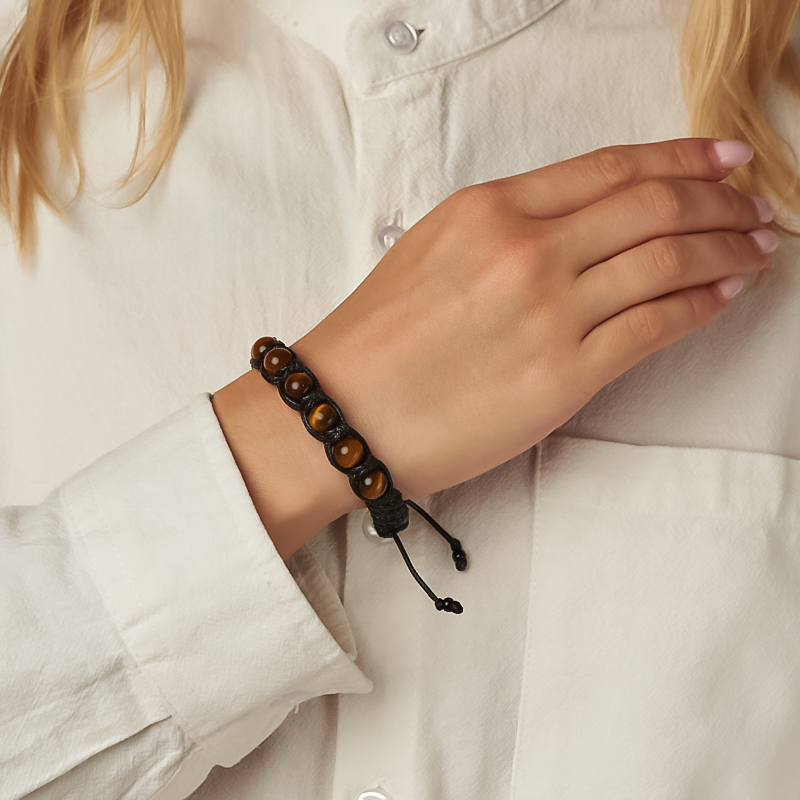 Браслет тигровый глаз ЮАР (текстиль) шамбала 8 мм 16 см (регулируемый)