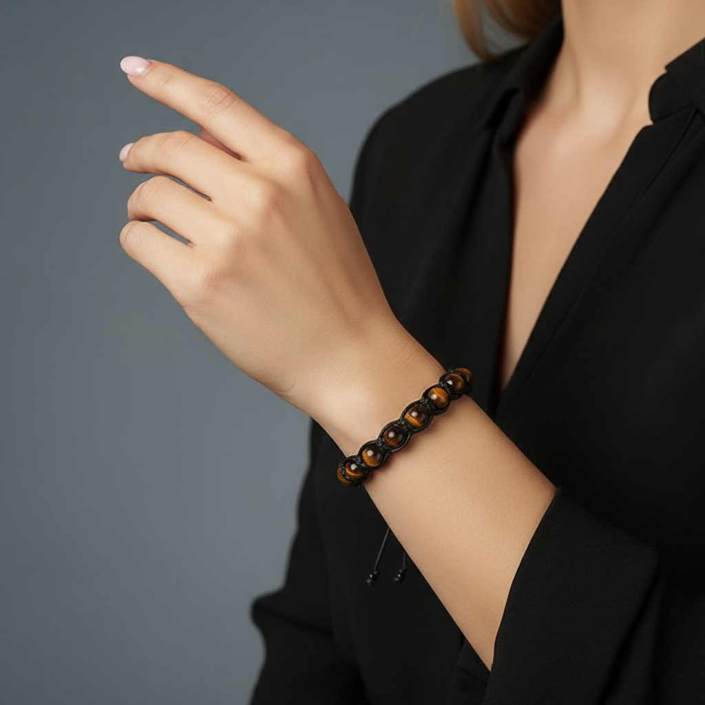 Браслет тигровый глаз ЮАР (текстиль) шамбала 8 мм 17 см (регулируемый)