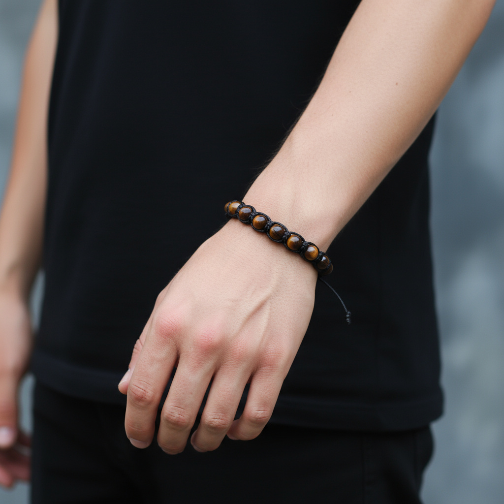 Браслет тигровый глаз ЮАР (текстиль) шамбала 8 мм 17 см (регулируемый)