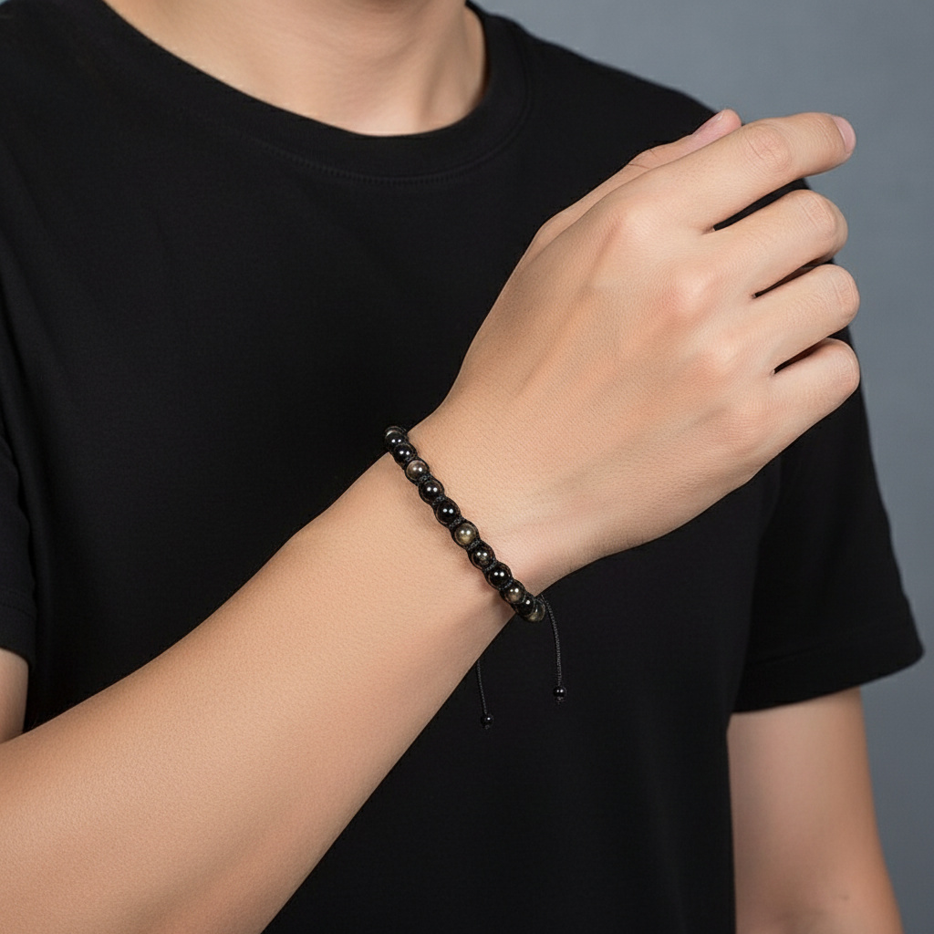 Браслет обсидиан серебристый Мексика (текстиль) шамбала 6 мм 19 см (регулируемый)