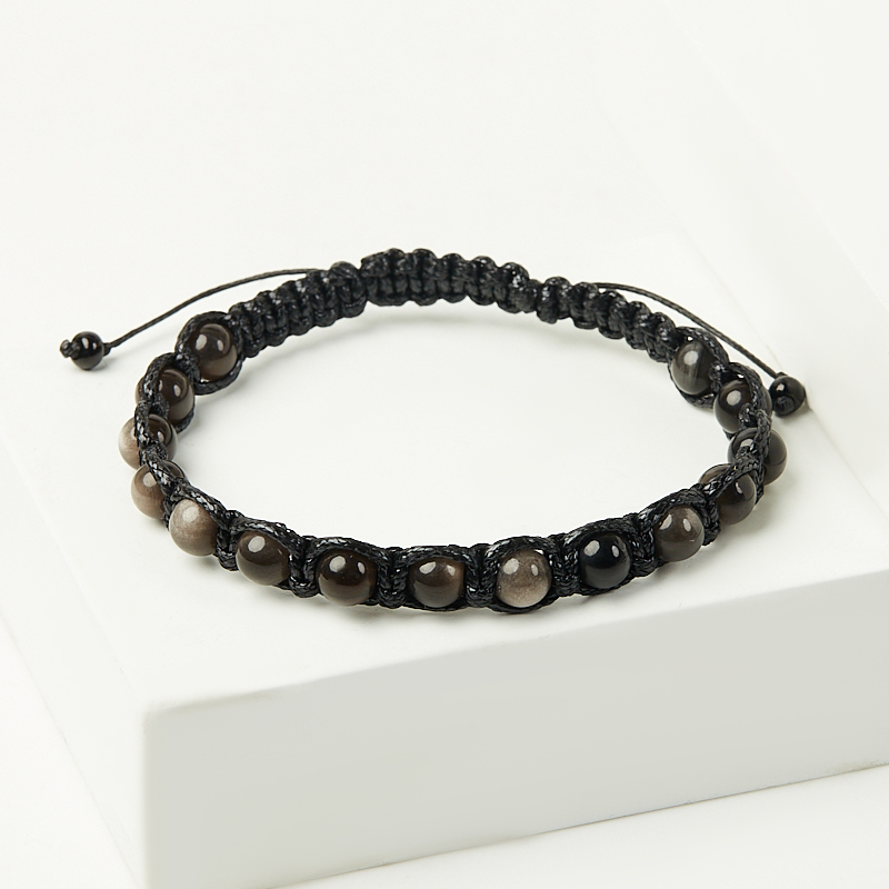 Браслет обсидиан серебристый Мексика (текстиль) шамбала 6 мм 20 см (регулируемый)