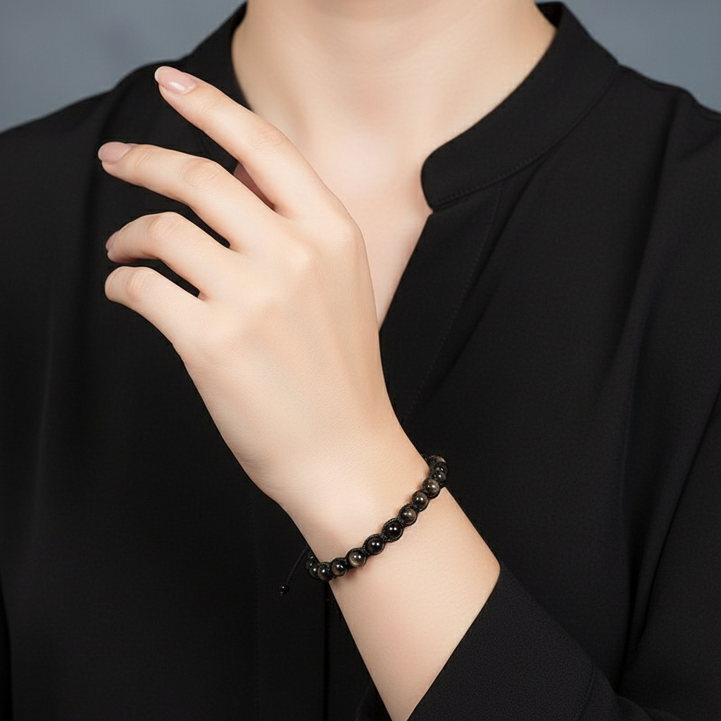 Браслет обсидиан серебристый Мексика (текстиль) шамбала 6 мм 20 см (регулируемый)