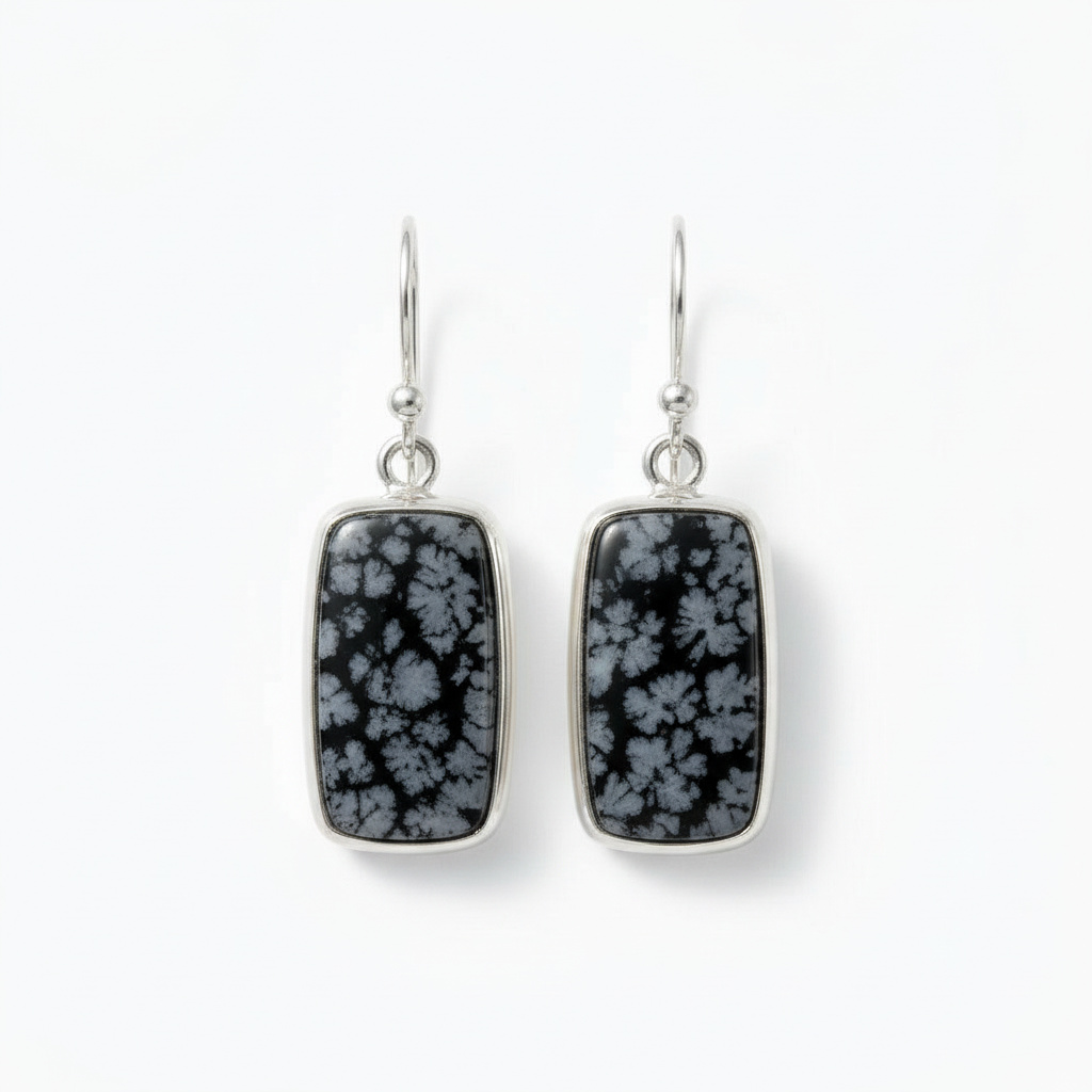 Серьги обсидиан снежный США (серебро 925 пр. родир. бел.)