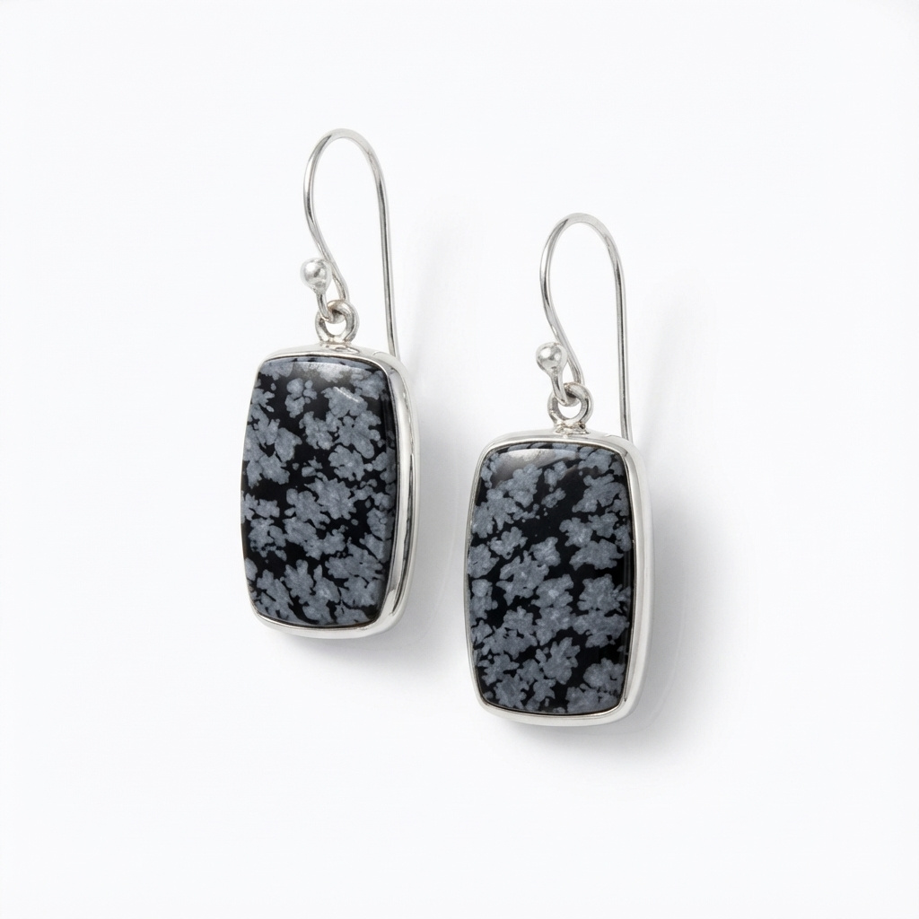 Серьги обсидиан снежный США (серебро 925 пр. родир. бел.)